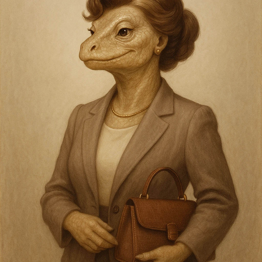 confident, elegant lizard woman with anthropomorphic features, mature and nurturing vibe, chic hairstyle, holding a purse, sophisticated outfit, friendly demeanor emoji