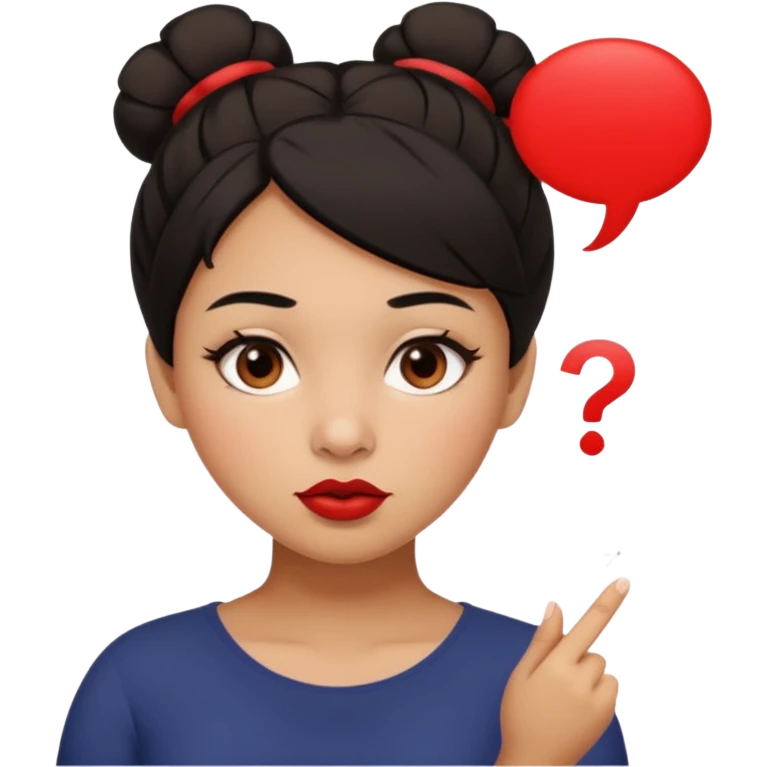 light brown girl, slightly chubby, messy black hair in a bun, red lipstick, light brown eyes, asking a question emoji