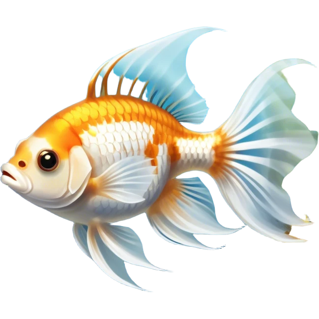 Large aquarium fish like veil tails and lionhead goldfish swimming gracefully in a beautifully decorated aquarium. Colorful aquatic plants, smooth rocks, and gentle bubbles surround the fish. The water shimmers in sunlight, creating a peaceful and vibrant underwater scene. Transparent background. emoji
