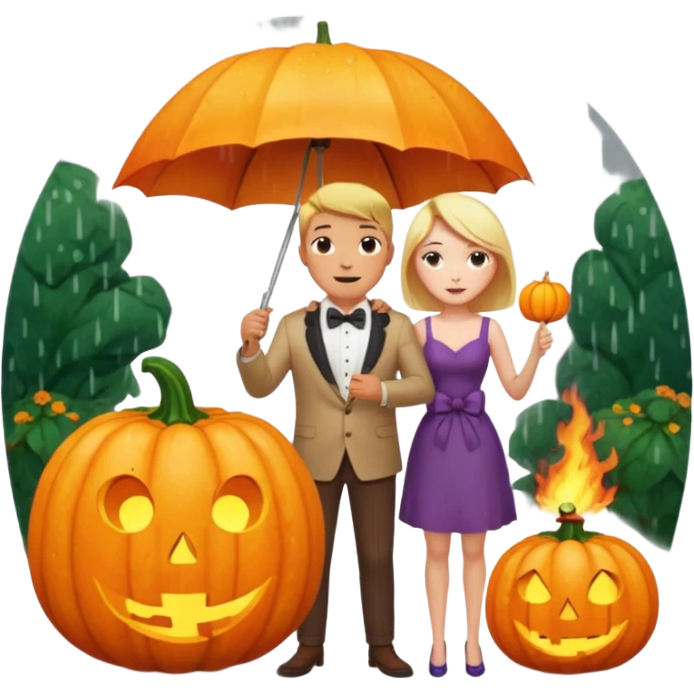 Make a guy hugging a giant pumpkin with a fork in his right hand while there's fire while there's a lady watching while it's raining while there's an umbrella on the ground that's alive and the sun has a bow tie on his neck emoji