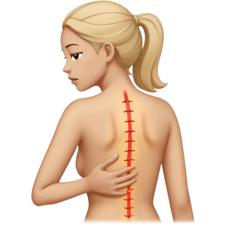 mulher com dor no corpo todo com a mao na coluna indicando dor emoji