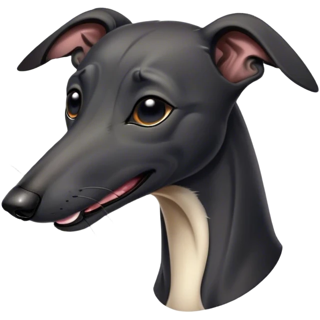 Cinematic Cute Yawning Black Greyhound Portrait Emoji, Head tilted slightly with a dramatic, wide-open yawn, showcasing a sleek black Fur with a polished finish, floppy ears slightly drooping, round dark eyes barely open in drowsy contentment, Simplified yet irresistibly adorable features, highly detailed, glowing with a soft, cozy glow, high shine, relaxed yet expressive, stylized with a touch of whimsy, bright and endearing, soft glowing outline, capturing the essence of a sleepy yet affectionate racer, so drowsy it feels like it could stretch out of the screen and curl up for a nap! emoji