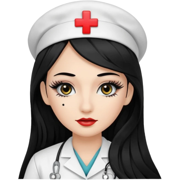 Nurse, long hair,black hair, black eyes, false eyelashes, makeup, eyeliner,  emoji