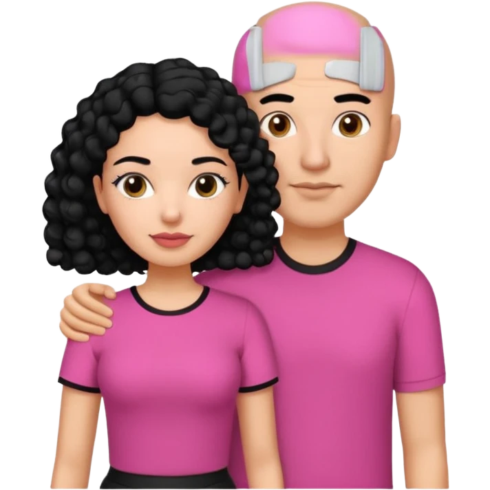 A picture if a couple. the man is a Mexican man with  black hair, a bald hair cut and black shirt on. the woman is mixed with black and white, with curly shoulder length hair and a pink shirt on emoji