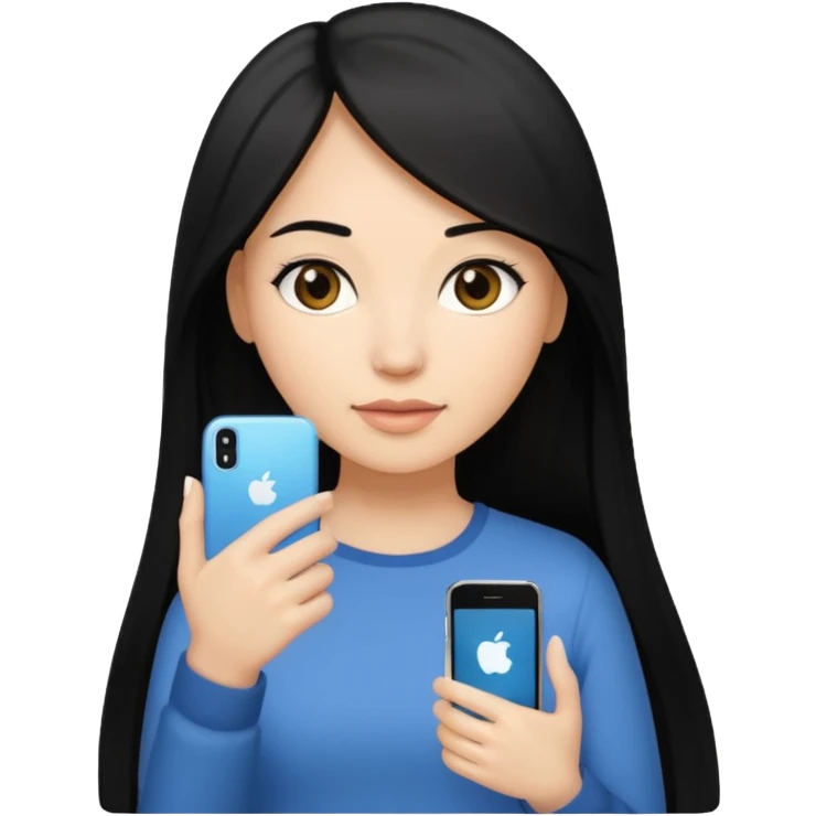 Light-skinned woman with long, straight, black hair holding an iPhone in her right hand emoji