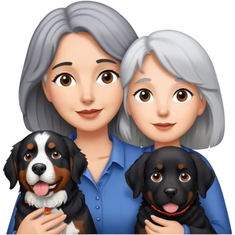Gray hair Woman with Bernese mountain dog and black lab emoji