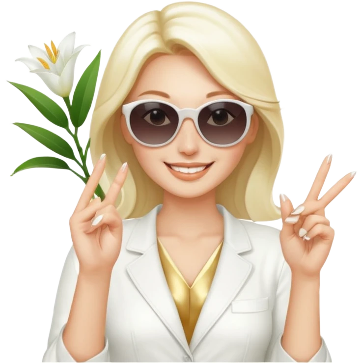 Professional sexy woman smiling holding lilies posing in shades  and flashing peace sign fingers emoji