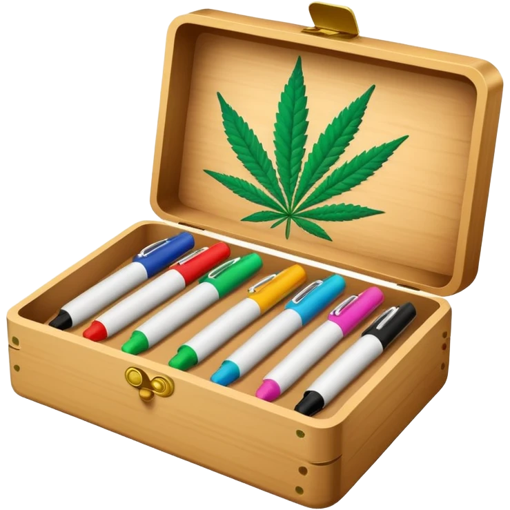 a box of colorful permanent markers with cannabis leaf emoji