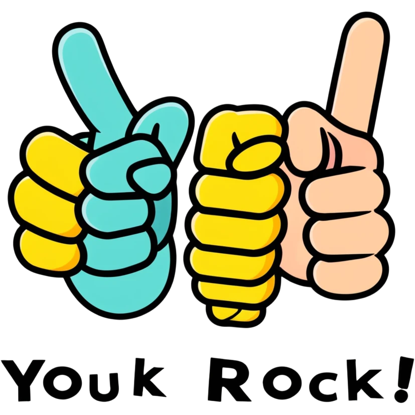 The words “YOU ROCK” stacked on top of eachother with a thumbs up in the middle emoji