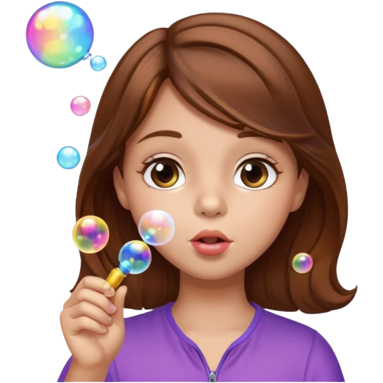Girl blowing bubbles – Brown hair, bubble wand
 emoji