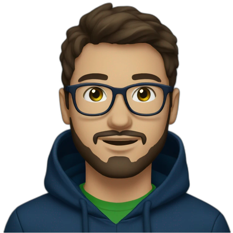 guy 26y.o., white glasses, with a little beard, dark brown hair, dark green eyes in dark blue hoody emoji