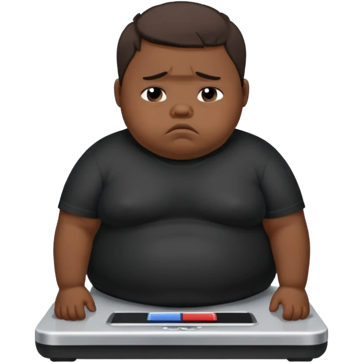 sad fat young boy in black t shirt on weight scale crying because sadness emoji