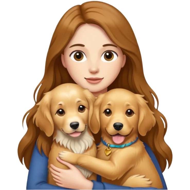 woman with long brown hair holding a golden retriever dog in her arms emoji