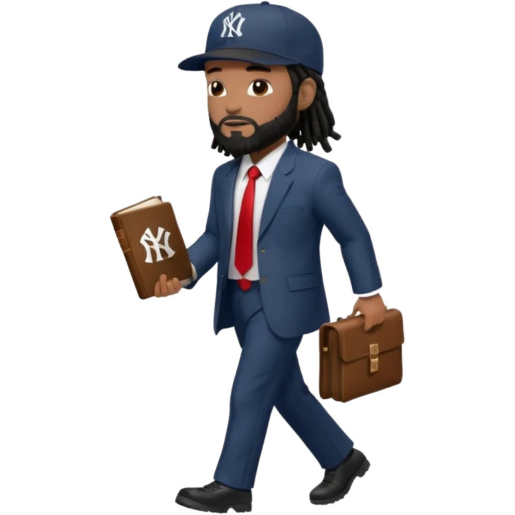 African American man with shoulder length black dreadlocks with black beard wearing a New York Yankees logo baseball cap wearing a suit with red tie walking to the right holding a bible emoji