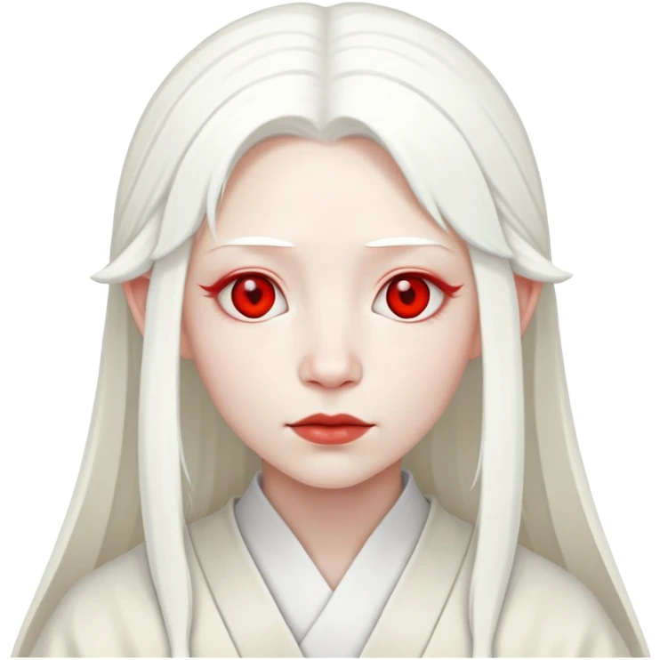 forty year old albino shrine maiden with white hair, red eyes, and pale face emoji