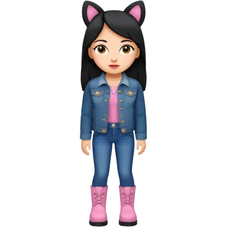 Gordita, ojos pequeños de color cafe oscuro, labios pequeños y rosados, piel trigueña, orejas pequeñas, cabello largo lazio y negro, pequeña. cuerpo completo. vestida con saco jean y botas emoji
