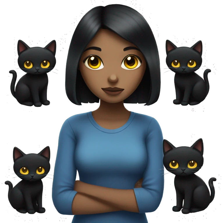 girl with black hair with blues eyes holding a black cat with yellow eyes emoji