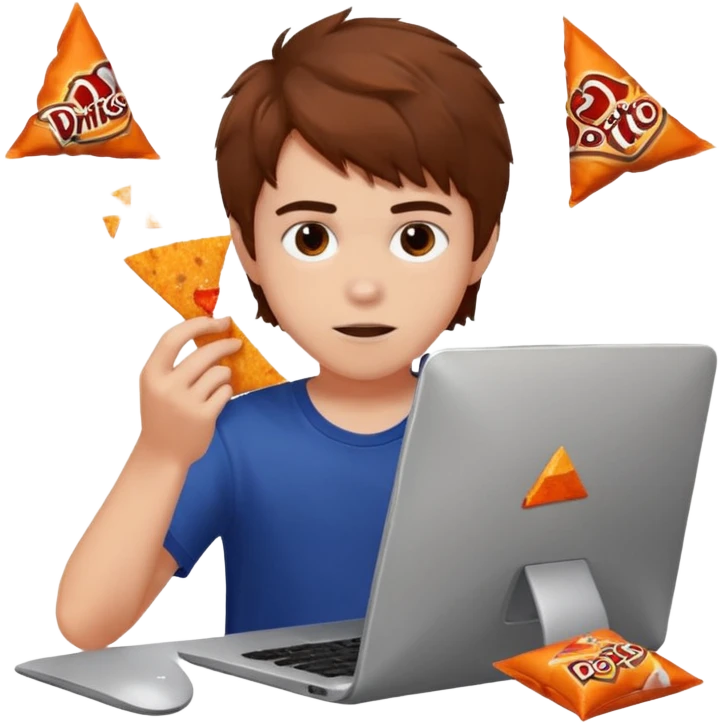 A white boy with messy brown hair eating Doritos while gaming on computer  emoji