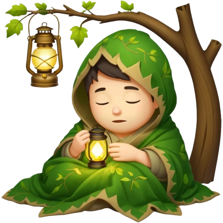 sleepy forest character wrapped in leaf blanket holding glowing lantern half asleep emoji