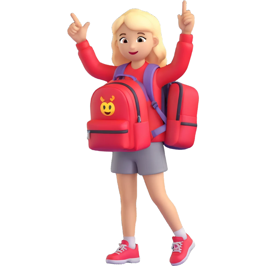 young girl with red backpack, left hand pointing up to the left, emoji style, simple background emoji