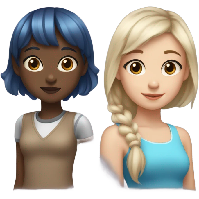 three girls: two with brown skin and brown hair and the third one with pale skin brown hair with two blue lines in the sides and baby bangs  emoji