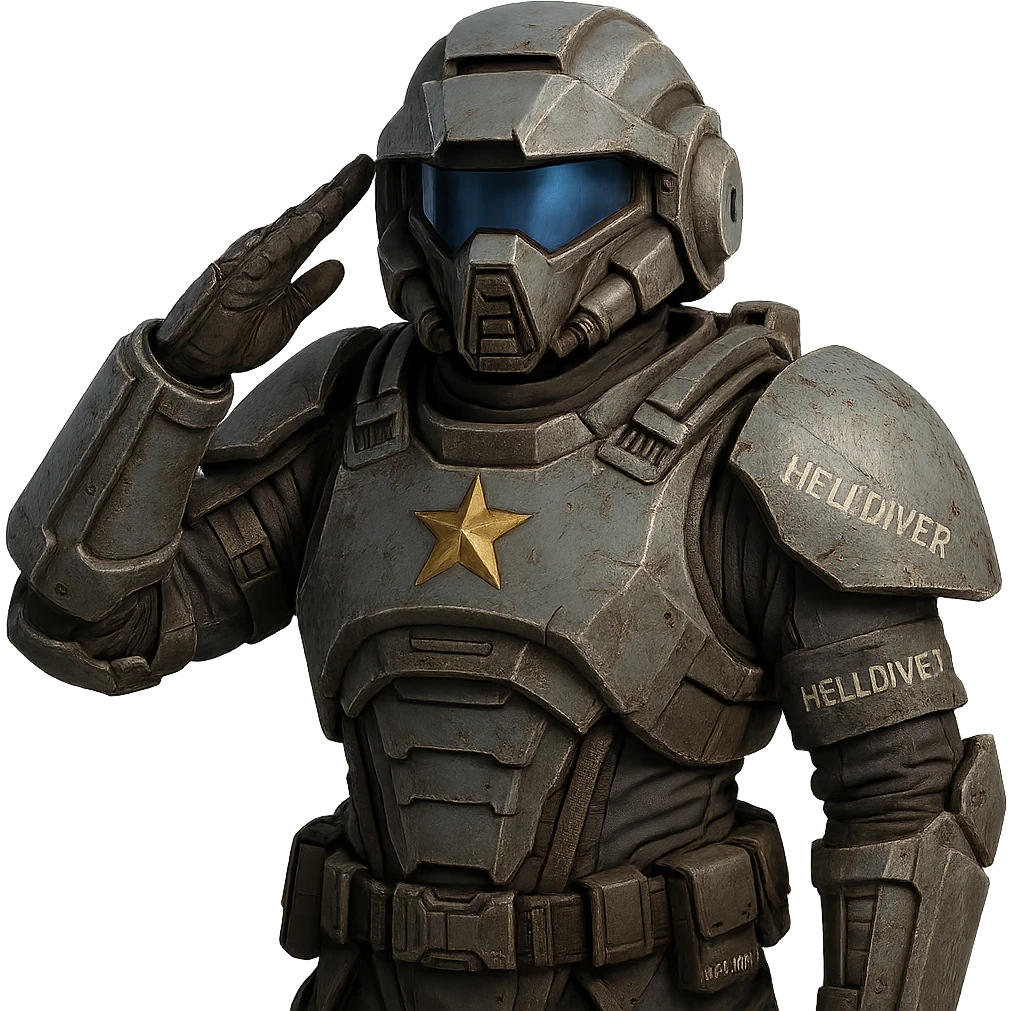 Update the armor to match the authentic Helldiver armor from Helldivers 2, including the correct helmet shape, chest plate, and color scheme, keeping the heroic salute pose, no background. The style should reflect the detailed sci-fi military armor design of Helldivers 2 with accurate colors and shapes. emoji