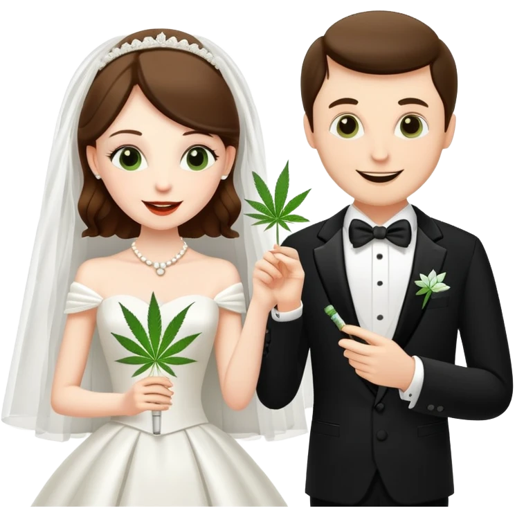 Bride in white dress and groom in tuxedo sharing a cannabis joint, cheerful cartoon wedding couple emoji