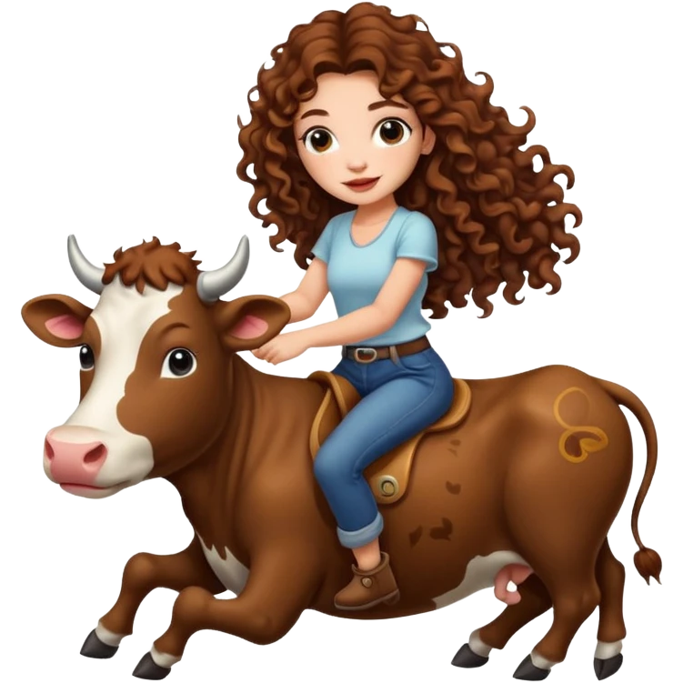 cute woman long curly brown hair tattoos riding gentle cow emoji