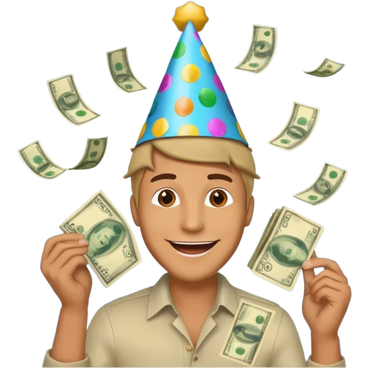 a man celebrating with money flying around him, symbolizing making $5000 emoji