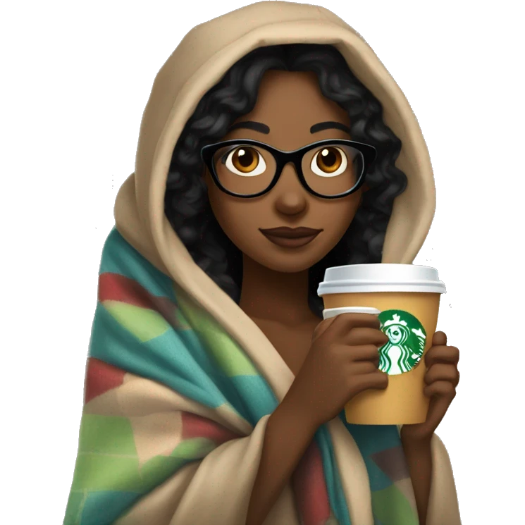 black hair girl with glasses inside a blanket sipping starbucks coffee emoji