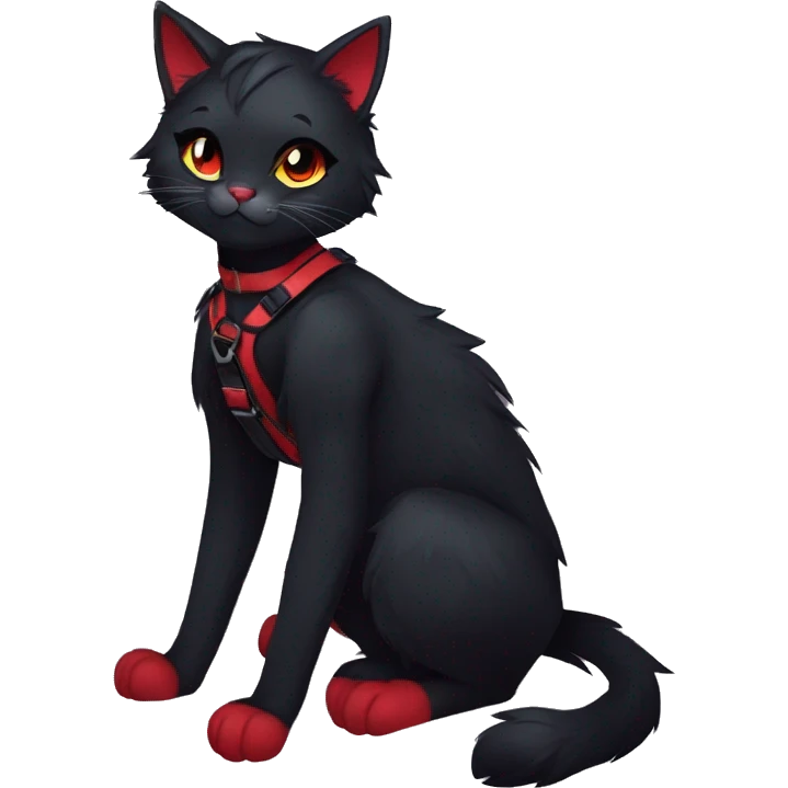 Anthro Edgy Cool Beautiful Black Cat-Fursona with Emo Hair-bangs with Red Streaks Chest Harness emoji