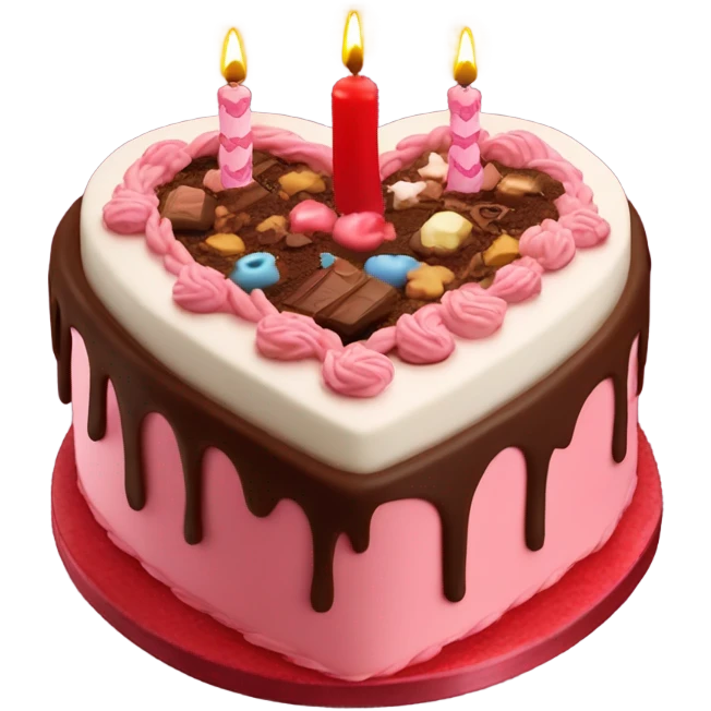 Red heart shaped birthday cake and chocolate emoji