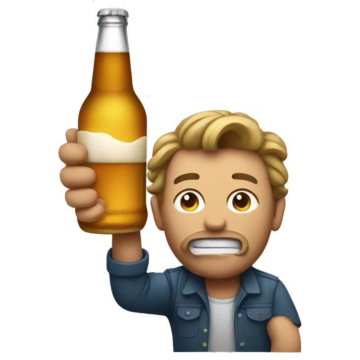 man with crazy face holding a beer bottle and a pint emoji