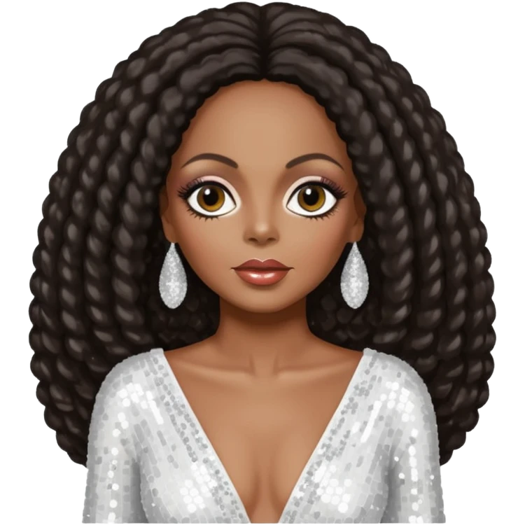 Diana Ross with long dark brown hair, white sequin outfit emoji