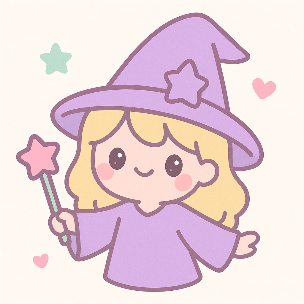 sweet wizard girl, blonde hair, purple wizard hat, enchanting and playful, cute and whimsical emoji