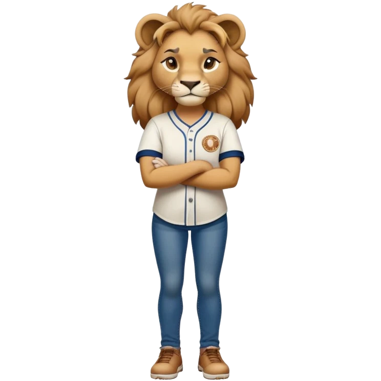 determined anthropomorphised female lion in a baseball shirt and jeans with arms folded, confident stance emoji
