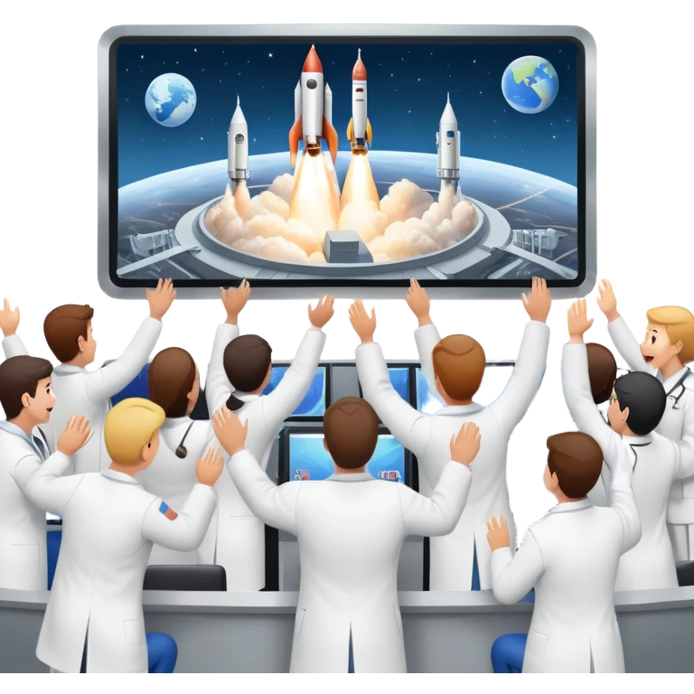 cheering mission control room with big screen showing successful rocket launch emoji