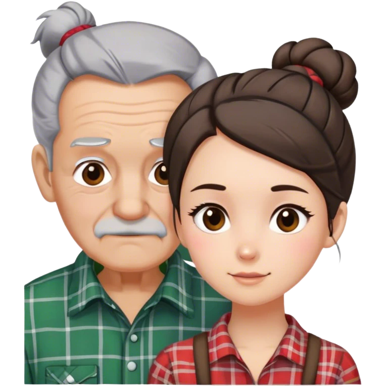 Old man grey hair plaid shirt brunette girl bun emoji