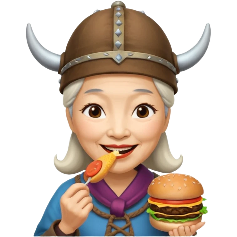 old asian woman viking eating burger emoji