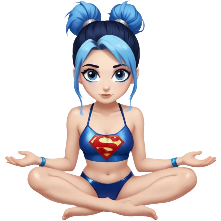Front view-very very very large chest-playful face-posing on knees-very long straight flowing dark blue to light blue hair ombre in a messy bun-blue eyes-black eyeliner-long eyelashes-iridescent sting bikini top with glitter superman logo-playful emoji