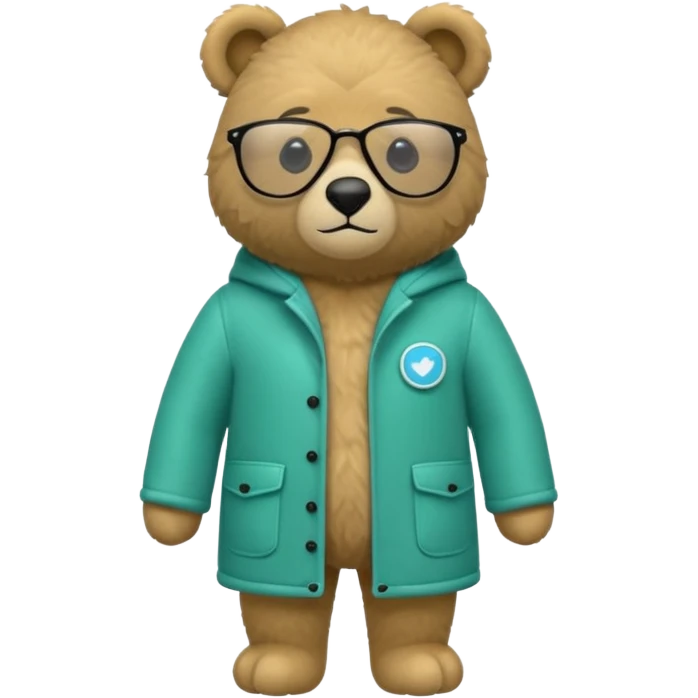 Quiero un emoji que sea un osito como de osito de peluche pero que tengo un abrigo de esos súper cool que son nuevos ahorita que sea verde así azul verdoso que sea superdoso y que sea y que tenga lentes de sol negros y con los bracitos del osito dentro del abrigo emoji