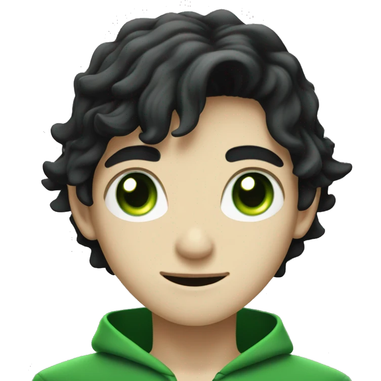 teenage white-skinned wizard with black hair and green eyes in green disgue emoji