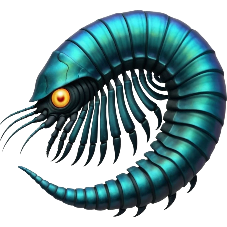 An iridescent, chitinous trilobite with glowing cyan eyes pulses rhythmically as a miniature black hole orbits its brow, distorting space-time. Its fractal-patterned exoskeleton shifts colors unsettlingly, and its mouth opens into a spiraling void that hums with forgotten whispers. emoji