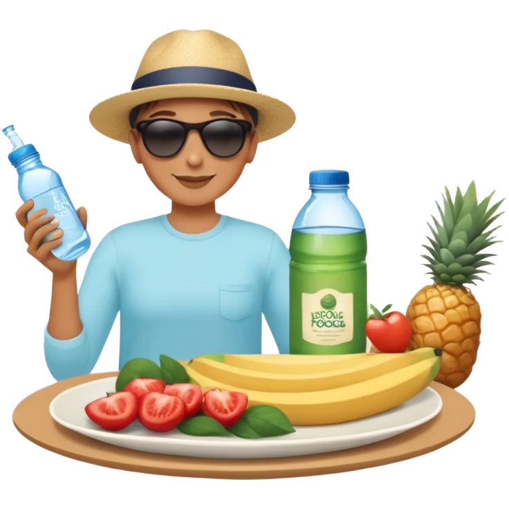 A person under the sun, with a plate of whole foods, water bottle, and glowing bed behind them. Nearby, smiling friends gather—symbolizing balance, healing, and connection through simple daily rituals. emoji