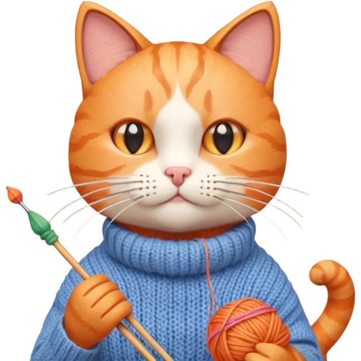 knitting cat portrait, head and shoulders only, cute cat holding knitting needles and yarn, cozy expression, warm handmade vibe, 3D cartoon style, mobile game icon style, clean background, no text, no watermark
 emoji