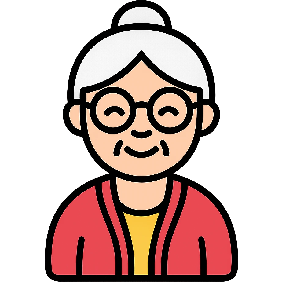 elderly smiling granny who looks like a librarian, glasses, neat hair bun, cardigan emoji