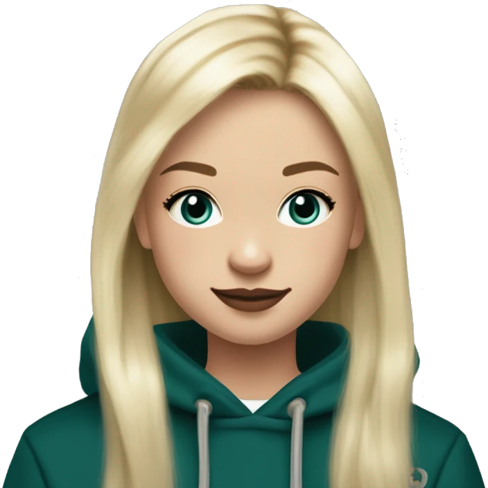 14 year old with long light blonde hair, middle part, chin length curtain bangs, smirking smile, dark teal eyes, long black eyelashes, wears a mulberry hoodie, black leggings, mulberry converse, black pearl earrings, wears a silver cancer sign necklace. emoji