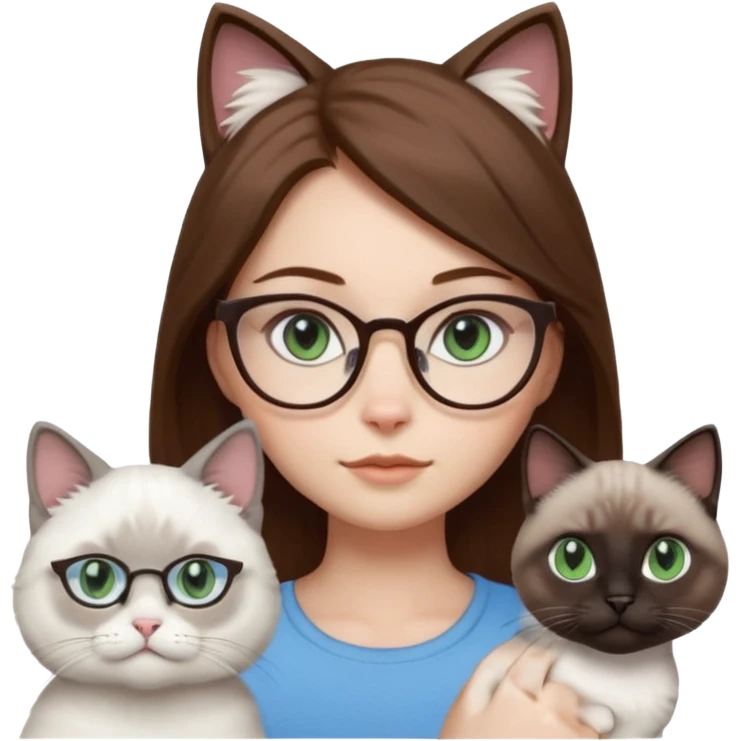 O fata cu parul saten cu ochii griji-albastrii ,ochelari și codițe de pisica ..și langa o pisicuță alba pufoasa ,cu ochii verzi și o a doua pisica siameza pufoasa cu capul maro -negru și coada ,restul corpului un maro deschis spre alb  , ochii albaștrii  emoji