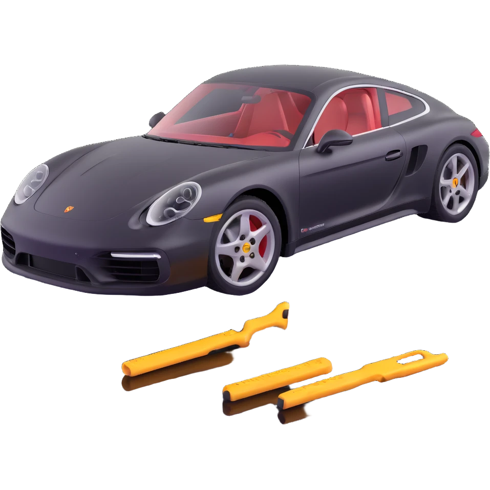Porsche luxury car with a visible dent from a crash, dent repair tools like a lever and small hammer, elegant and modern emoji