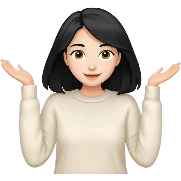 A woman with longer black hair, light to medium skin tone, full cheeks, and almond-shaped eyes, wearing a simple white sweater, joyful and radiant expression, cheerful. emoji